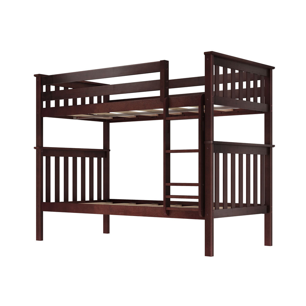 Dark wooden bunk bed with ladder and safety rails, perfect for maximizing bedroom space.