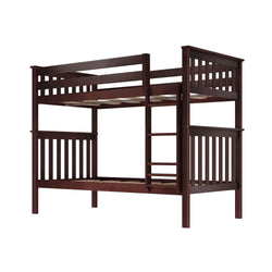 Dark wooden bunk bed with ladder and safety rails, perfect for maximizing bedroom space.