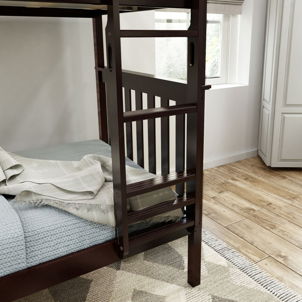 Dark wood bunk bed with ladder in a cozy bedroom with wooden flooring and natural light.