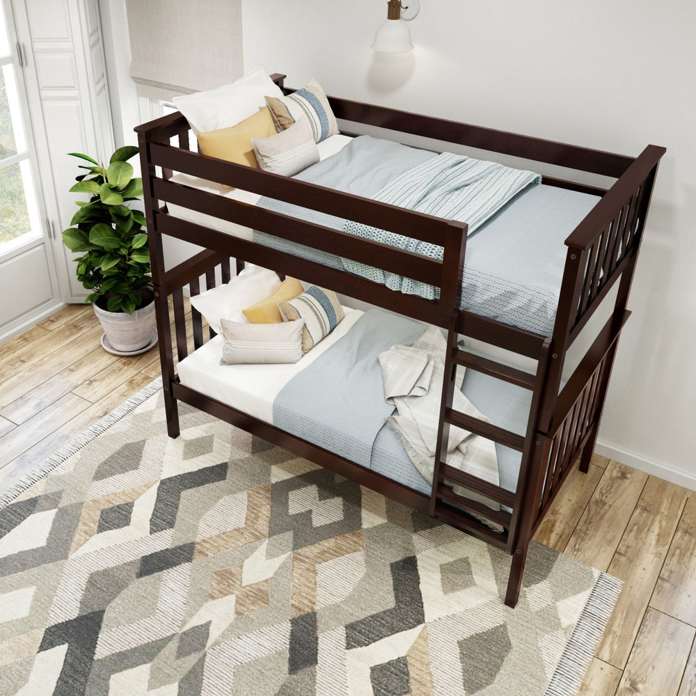 Stylish wooden bunk bed with cozy bedding in modern bedroom interior.