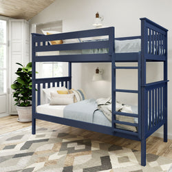 Navy blue bunk bed in modern bedroom with decorative pillows and cozy bedding.