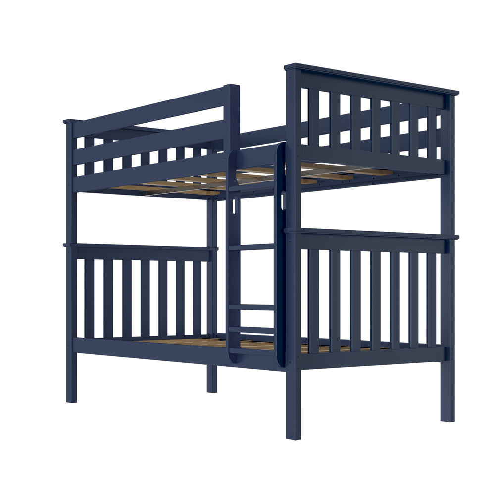 Blue wooden bunk bed frame with ladder for kids' bedroom.