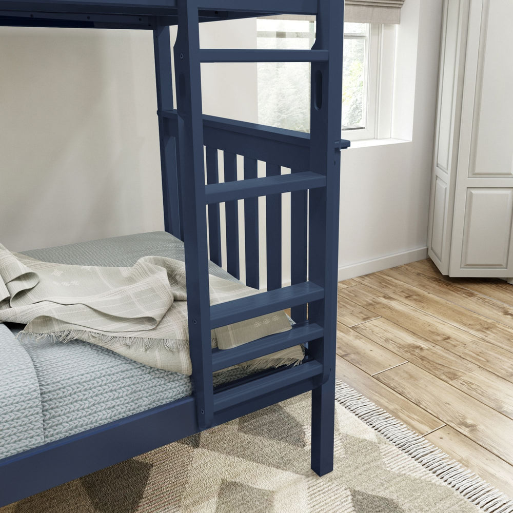 Blue bunk bed ladder in a cozy bedroom with wooden flooring and modern decor.