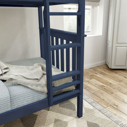 Blue bunk bed ladder in a cozy bedroom with wooden flooring and modern decor.