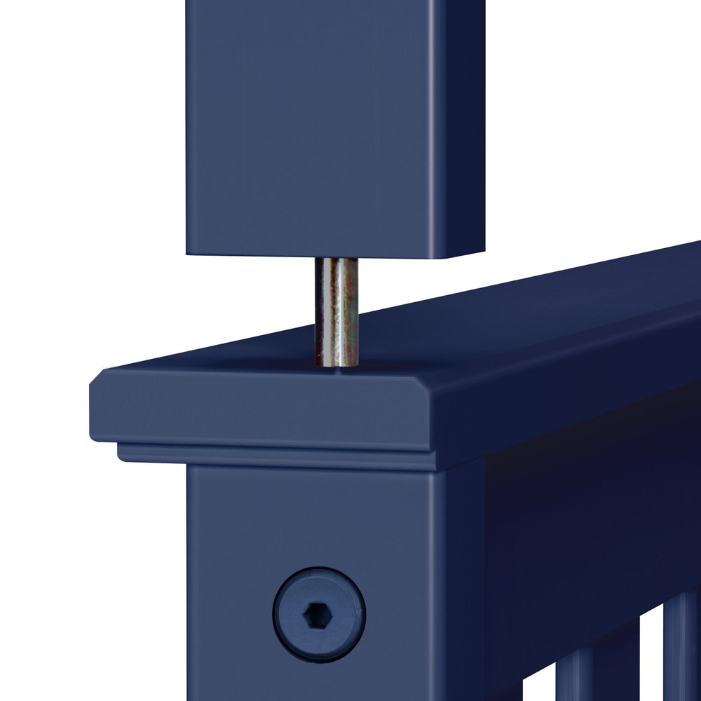 Close-up of blue metal railing connection detail, featuring a screw and bolt for secure installation.