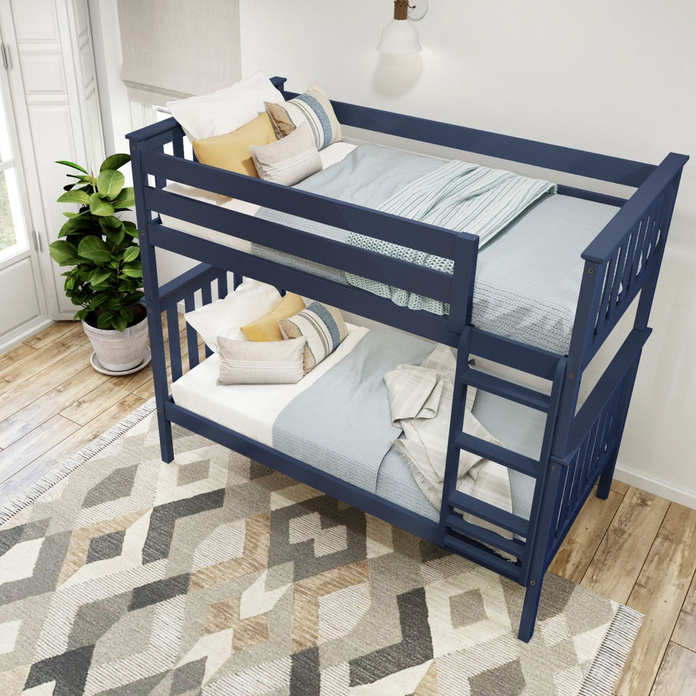 Blue wooden bunk bed with cozy bedding in a bright room with wooden flooring and a patterned rug.