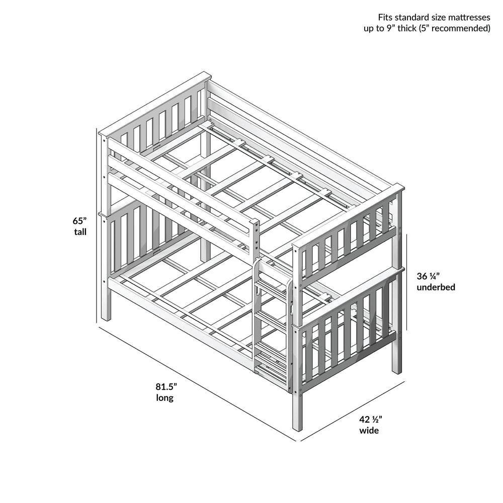 Bunk bed dimensions diagram showing 65 inches tall, 81.5 inches long, 42.5 inches wide, with 36.25 inches underbed clearance, fitting standard mattresses up to 9 inches thick.