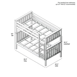 Bunk bed dimensions diagram showing 65 inches tall, 81.5 inches long, 42.5 inches wide, with 36.25 inches underbed clearance, fitting standard mattresses up to 9 inches thick.