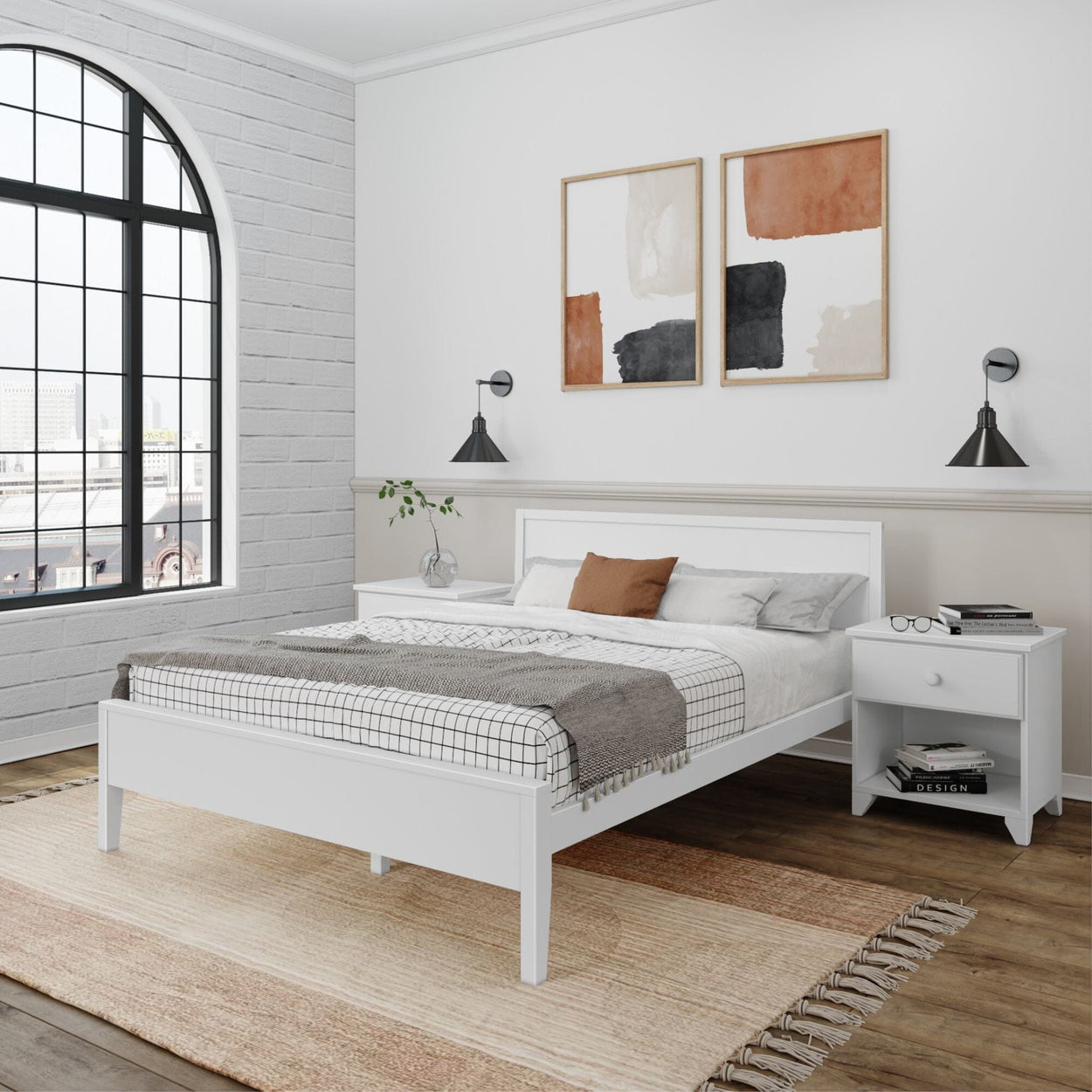 Modern Queen-Size Bed with Panel Headboard Single Beds Plank+Beam White 