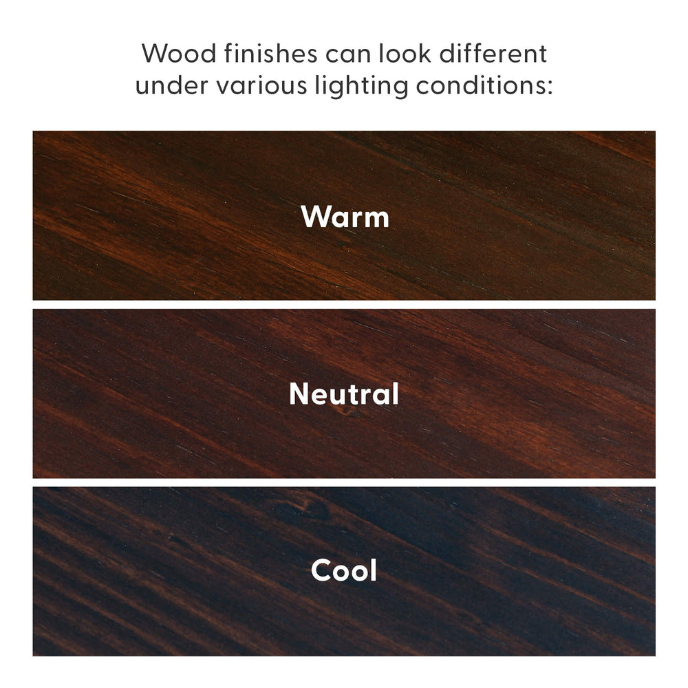 Comparison of wood finishes under warm, neutral, and cool lighting conditions.