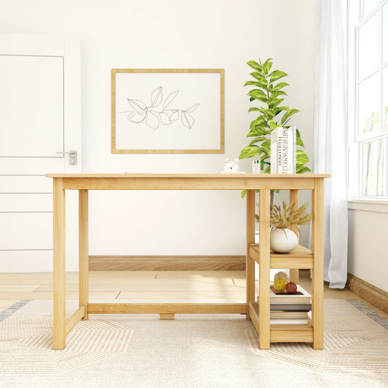 Modern minimalist home office setup with wooden desk, green plant, and natural light.