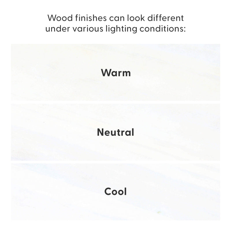 Wood finishes lighting comparison showing sample panels labeled Warm, Neutral, and Cool to illustrate how wood color and tone change under different lighting conditions