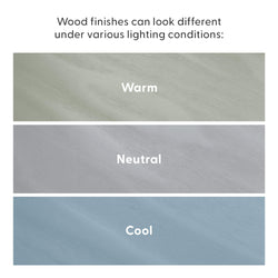 Comparison of wood finishes in warm, neutral, and cool tones under different lighting conditions.