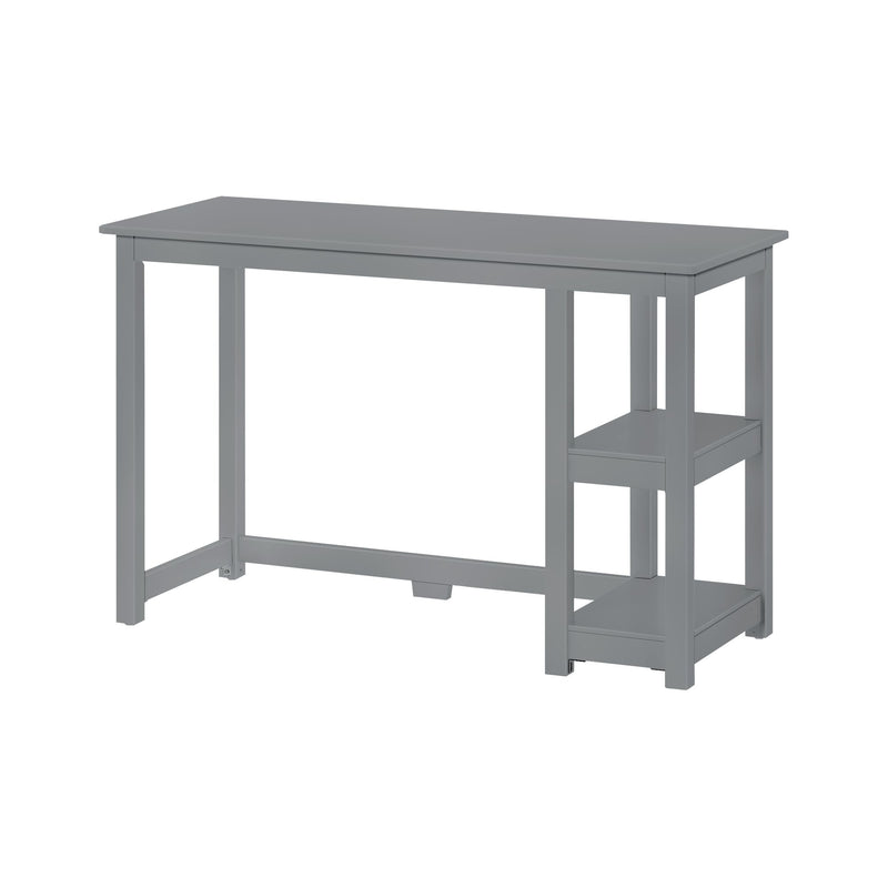 Gray metal desk with side shelves, modern minimalist design office furniture.