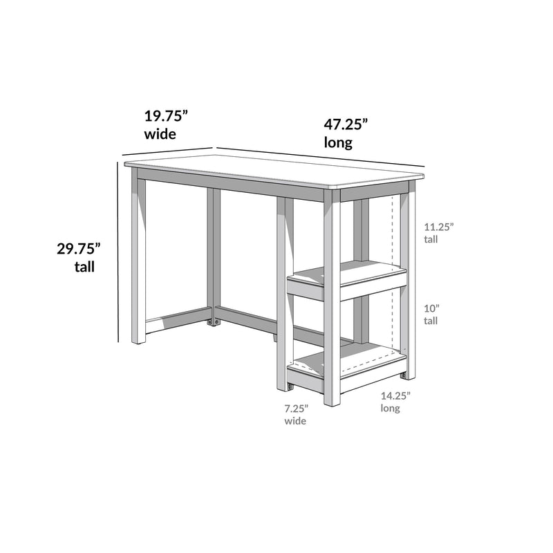 Illustration of grey wooden desk with dimensions: 47.25 inches long, 19.75 inches wide, 29.75 inches tall, featuring two side shelves measuring 11.25 and 10 inches tall, perfect for office use.