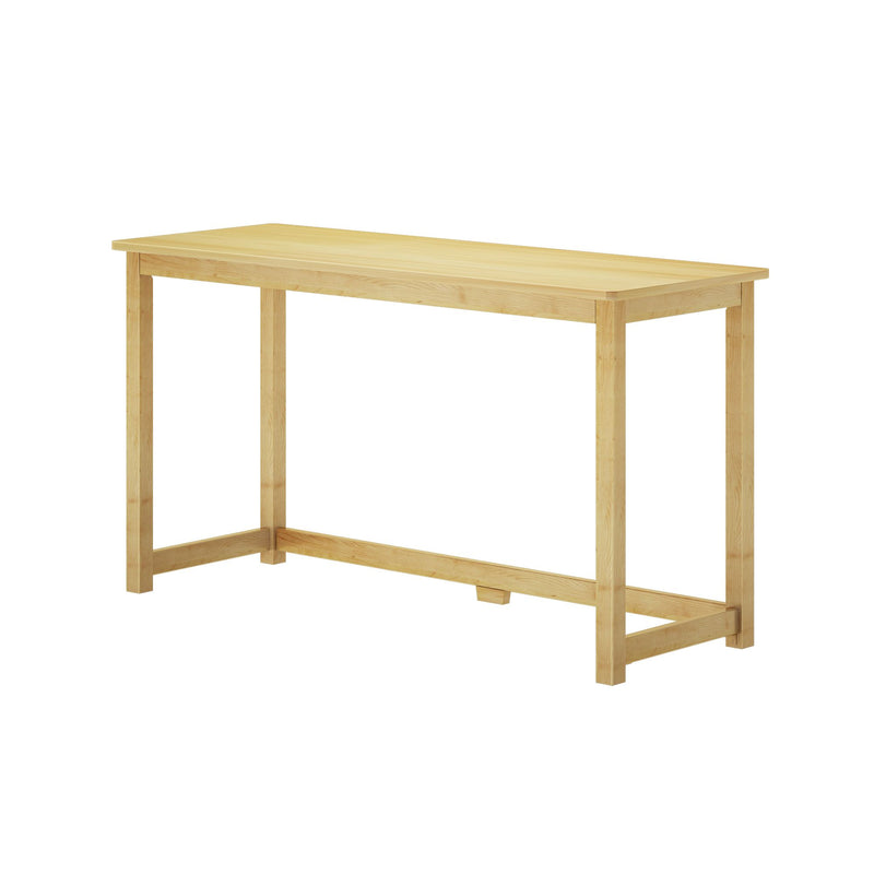 Wooden minimalist desk with natural finish and rectangular design for home office.