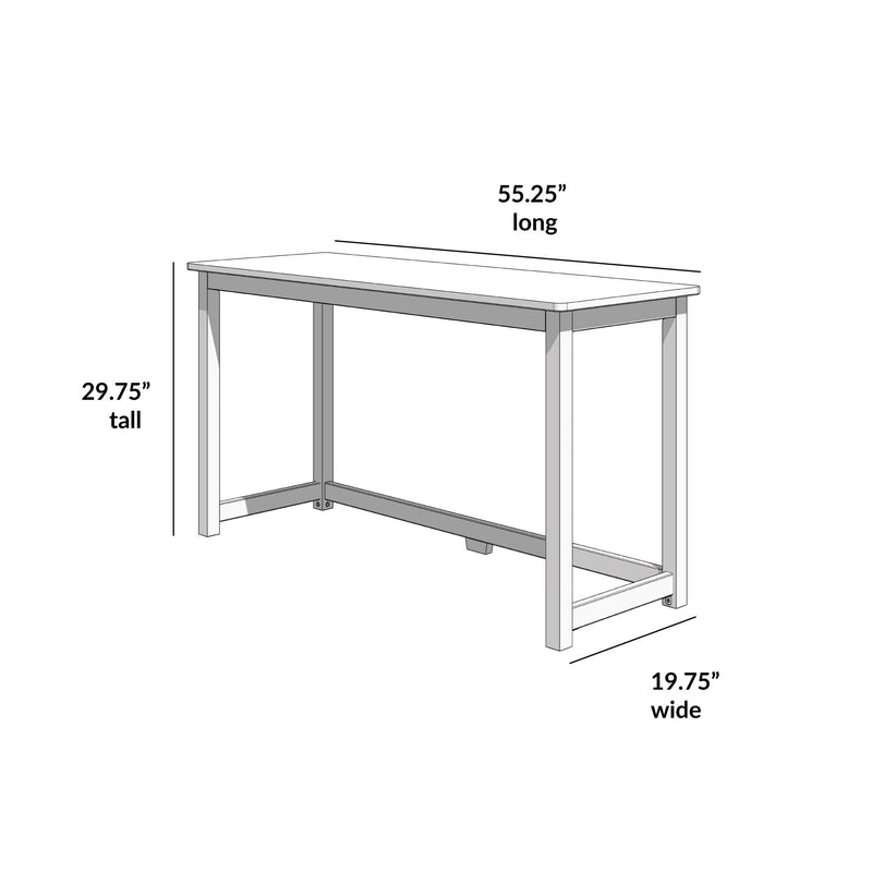 Rectangular wooden desk with dimensions: 55.25 inches long, 19.75 inches wide, and 29.75 inches tall.