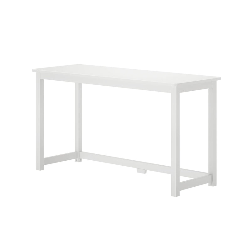 White minimalist desk with sturdy frame and clean design, perfect for modern home office setups.