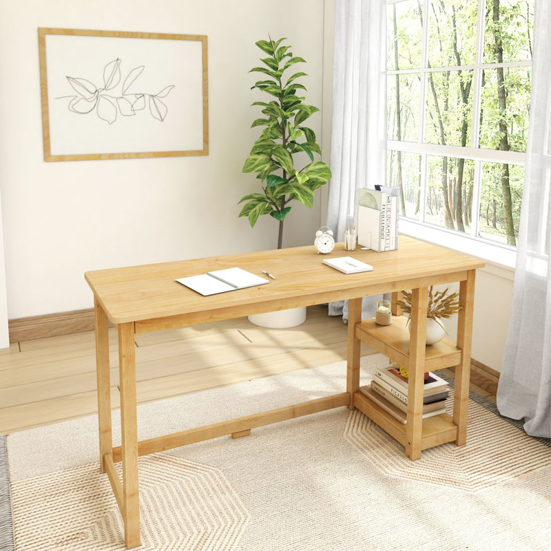 Modern minimalist home office with wooden desk, indoor plant, and large windows for natural light.