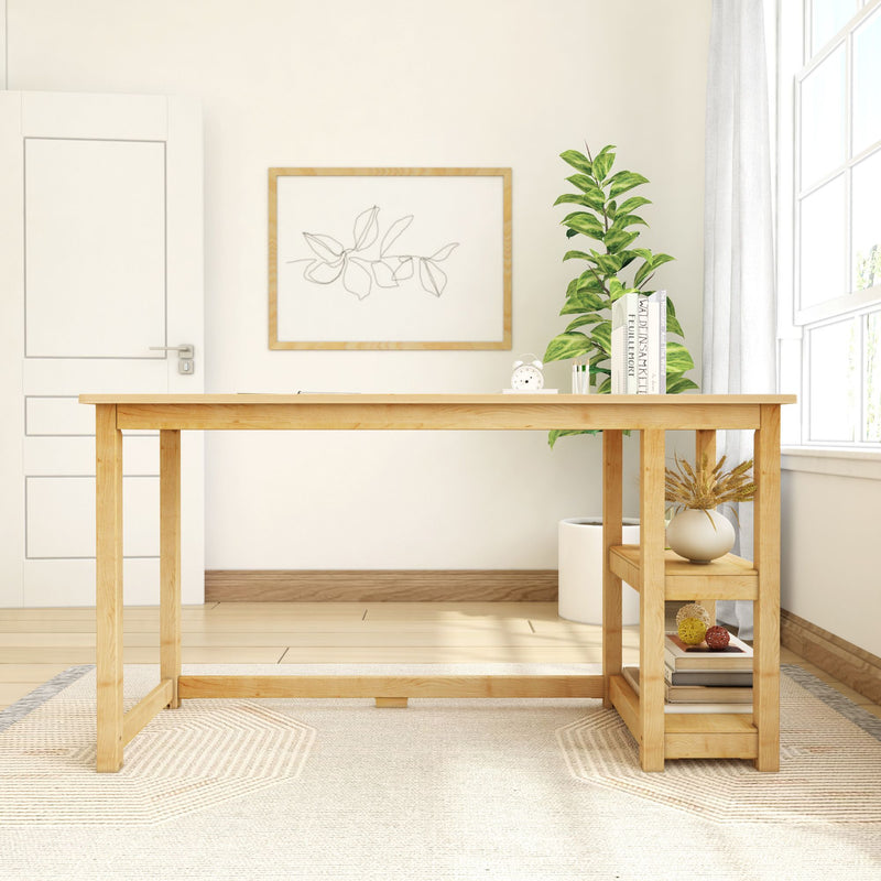 Stylish minimalist home office with wooden desk, modern decor, and indoor plant.