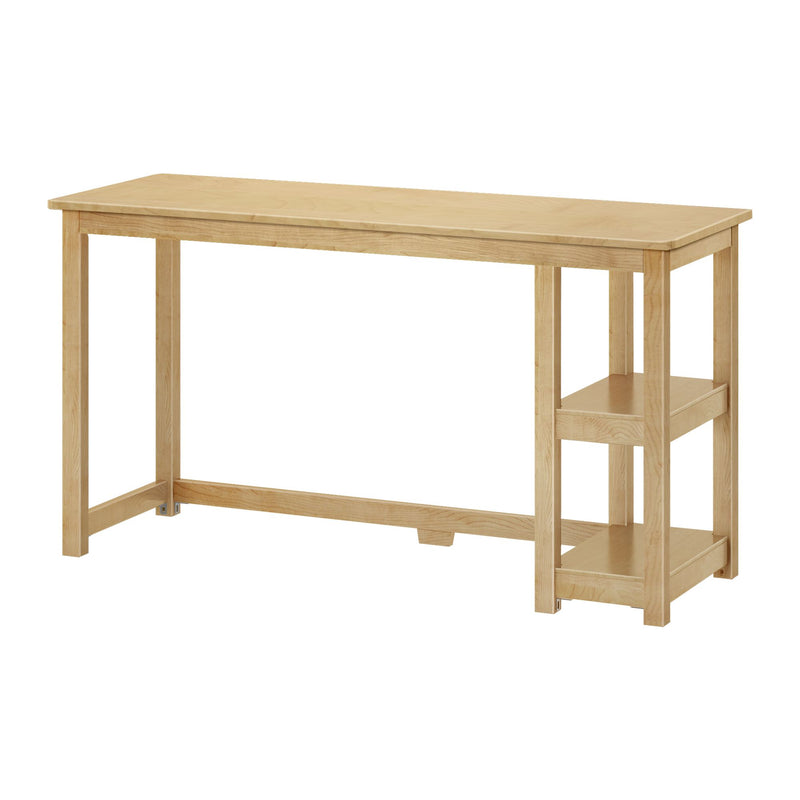 Natural wood desk with side shelves for home office use.