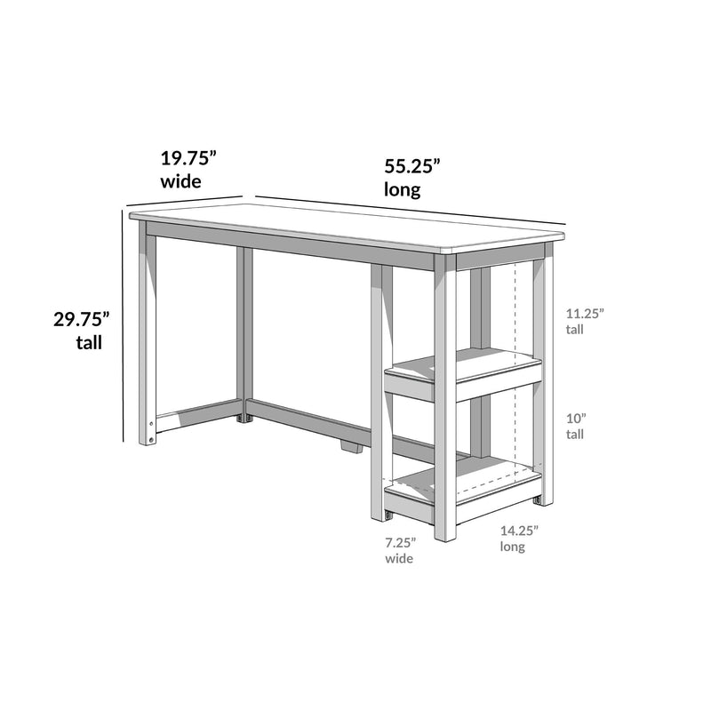 Modern wooden desk with dimensions: 55.25 inches long, 19.75 inches wide, 29.75 inches tall, featuring two side shelves. Perfect for home office setup.