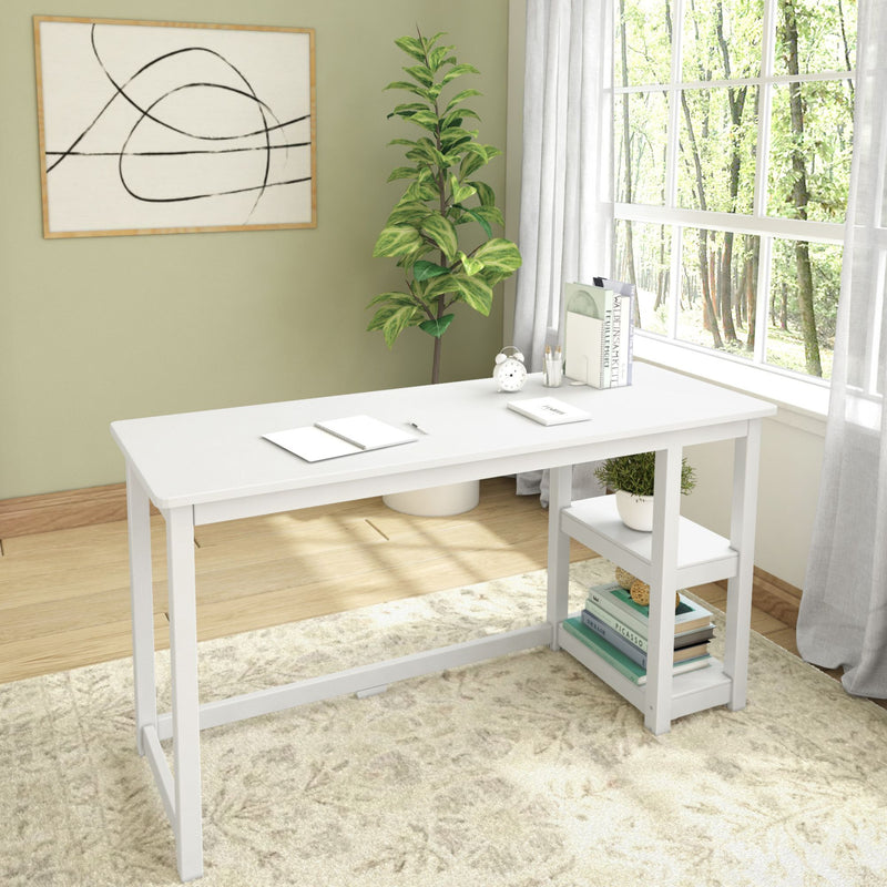 Modern home office setup with white minimalist desk and natural light.