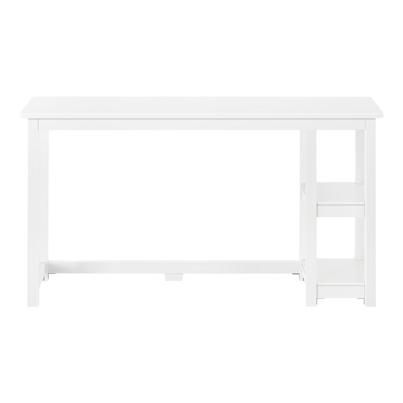 White modern office desk with open shelving on side.