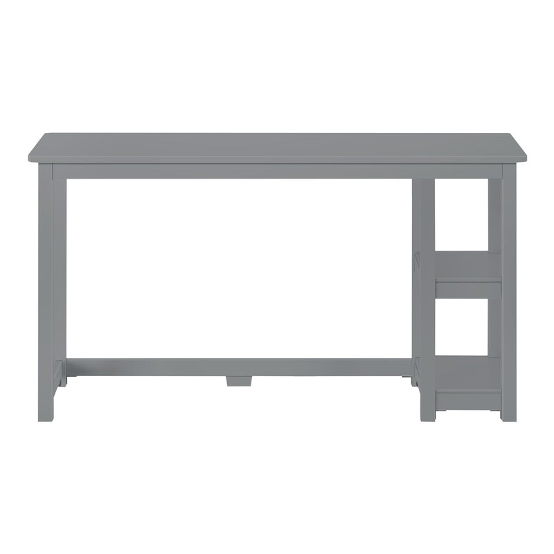 Gray wooden desk with open shelves on the right side.