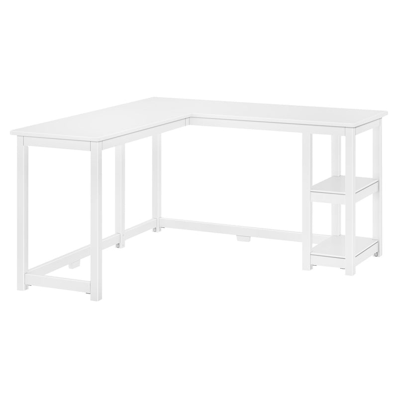 White L-shaped desk with built-in shelves for home office workspace.