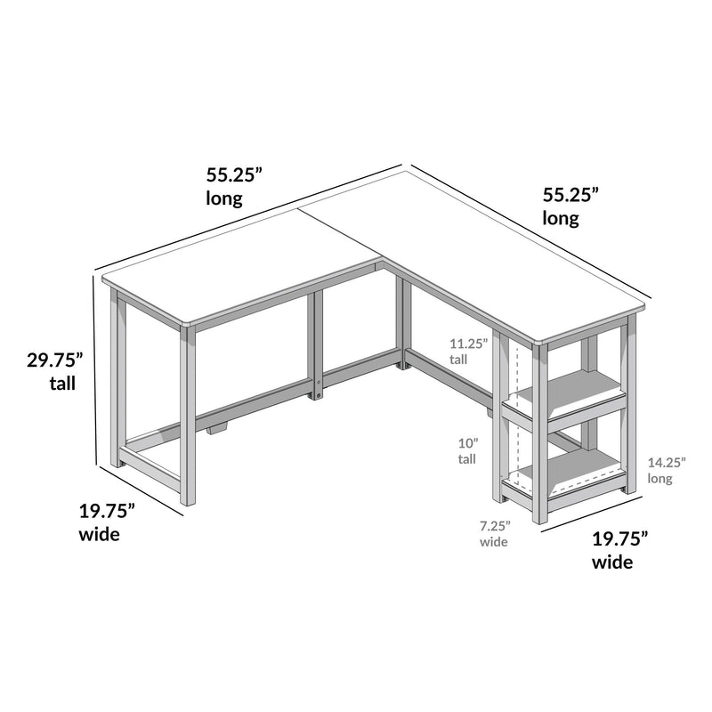 L-shaped corner desk with dimensions: 55.25 inches long, 29.75 inches tall, 19.75 inches wide, including two shelves. Ideal for home office or study space.