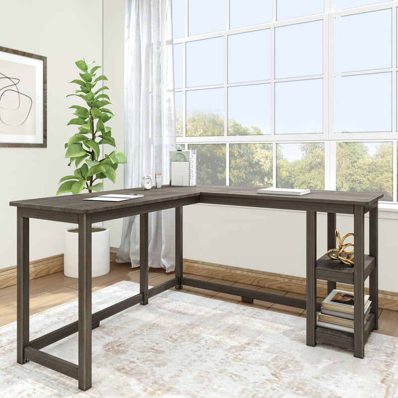 Modern L-shaped desk in home office with large windows, indoor plant, and minimalist decor.