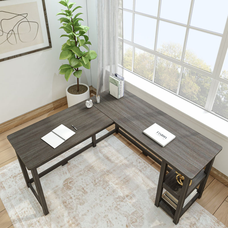 Modern corner office desk with wood finish and indoor plant near bright window for stylish home workspace.