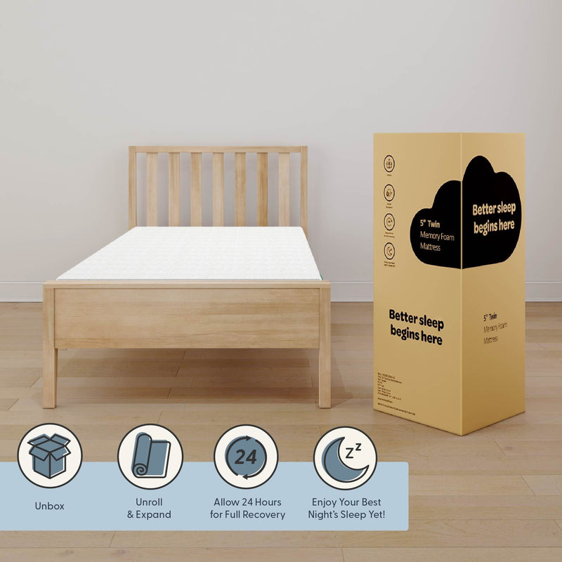 Twin memory foam mattress on wooden bed frame with packaging box emphasizing better sleep benefits.
