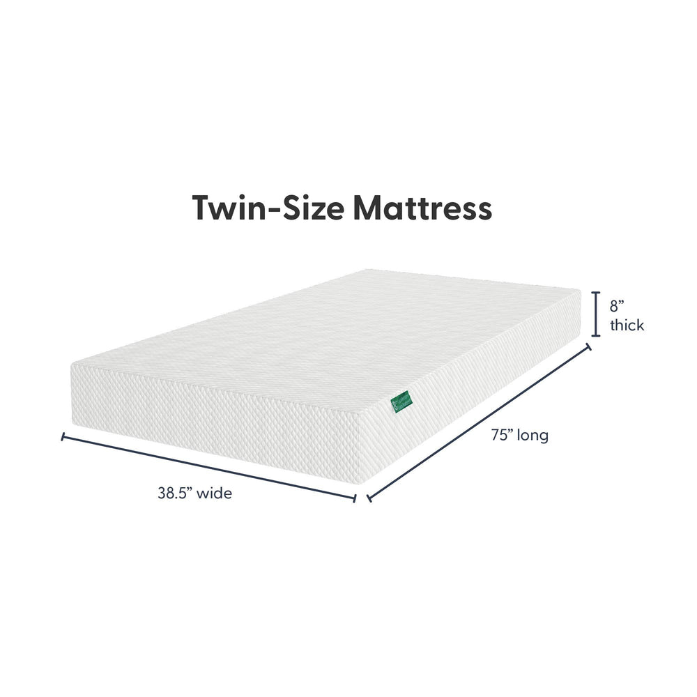 Dimensions of twin-size mattress, 38.5 inches wide, 75 inches long, 8 inches thick.