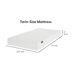 Dimensions of twin-size mattress, 38.5 inches wide, 75 inches long, 8 inches thick.