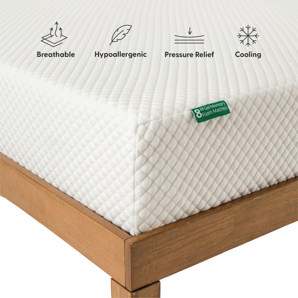 Memory foam mattress with breathable, hypoallergenic, pressure relief, and cooling features on a wooden bed frame.