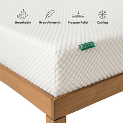 Memory foam mattress with breathable, hypoallergenic, pressure relief, and cooling features on a wooden bed frame.