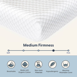 Medium firmness white mattress corner with quilted design, featuring breathable organic cotton and hypoallergenic materials, non-toxic and machine washable cover.