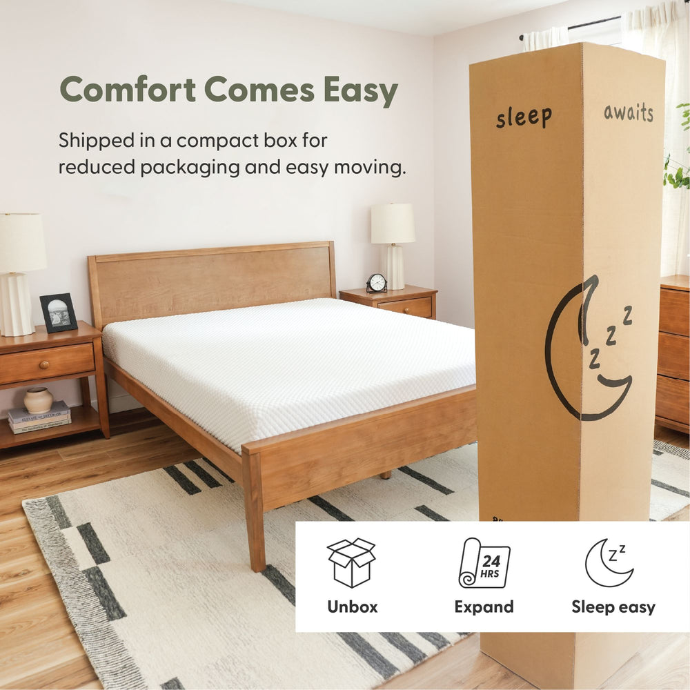 Boxed mattress in modern bedroom, easy setup and eco-friendly packaging.