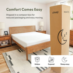 Boxed mattress in modern bedroom, easy setup and eco-friendly packaging.
