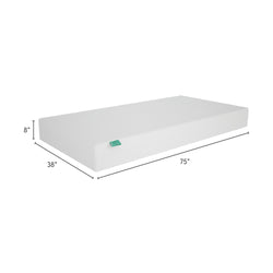 Twin size memory foam mattress dimensions 38x75 inches, 8 inches thick for comfortable sleep.