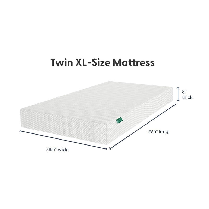 Twin XL mattress — 8‑inch thick, 38.5" wide x 79.5" long white quilted mattress with product dimensions illustrated