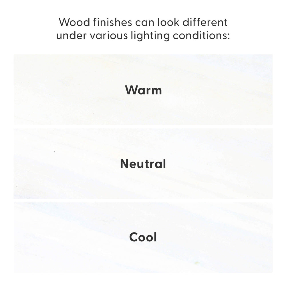 Comparison of wood finishes under different lighting conditions, labeled warm, neutral, and cool.