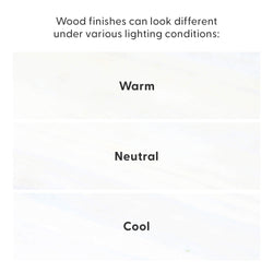 Comparison of wood finishes under different lighting conditions, labeled warm, neutral, and cool.