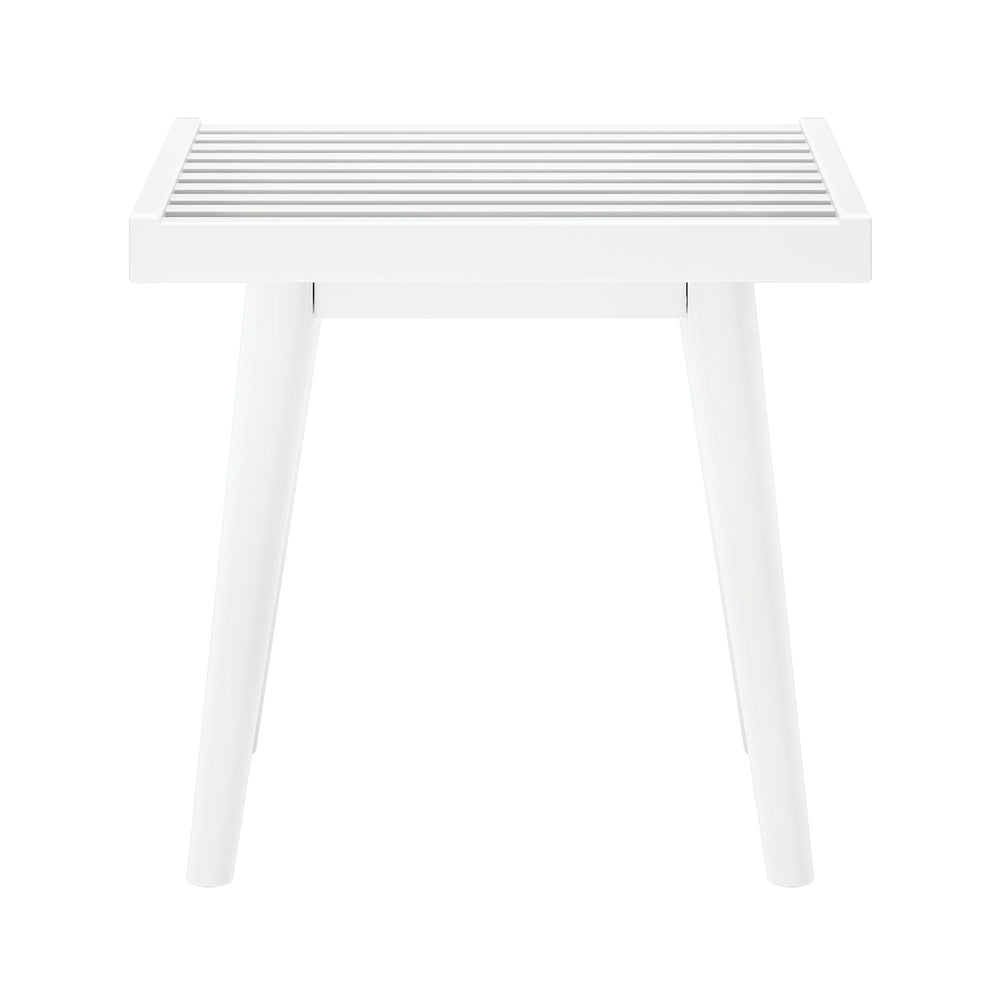 White modern slatted side table with minimalist design.