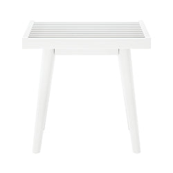 White modern slatted side table with minimalist design.