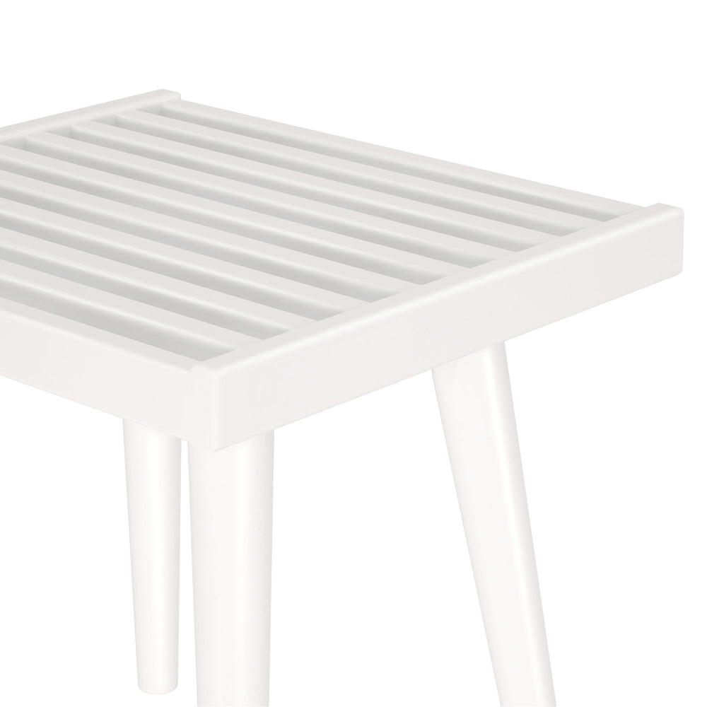 Minimalist white slatted stool with tapered legs, modern furniture design.