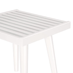 Minimalist white slatted stool with tapered legs, modern furniture design.