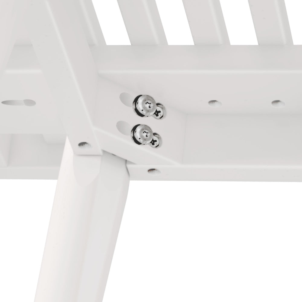 Close-up of white furniture assembly showing metal screws and joints for sturdy construction.
